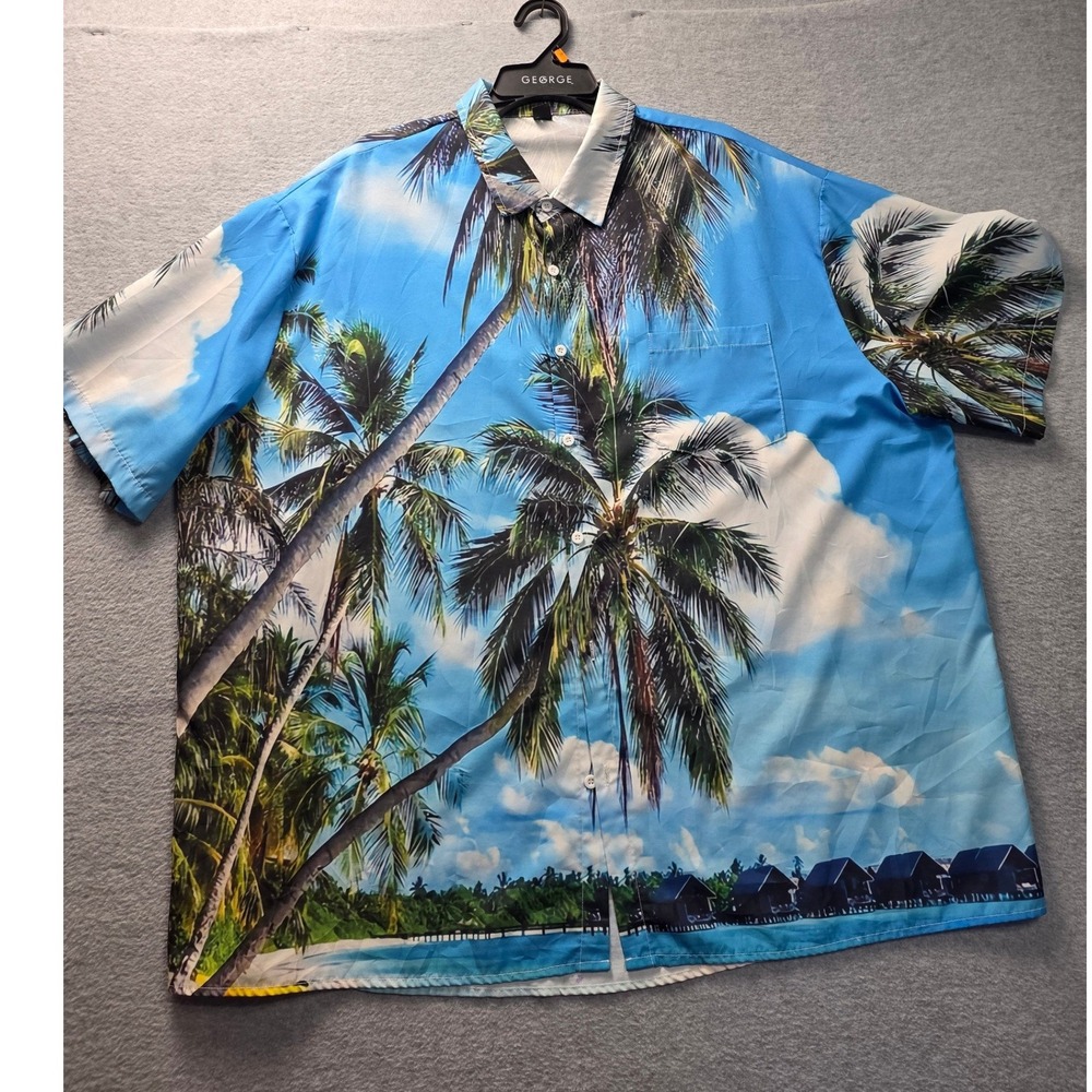 Mens 3XL Blue‎ Tropical Palm Tree Hawaiian Button Down S/S Sleeve Beach Aloha